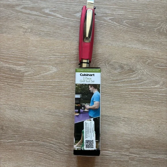 NEW Cuisinart 3 Piece Grill Tool Set Red Rubberized Handles Fork Spatula Tongs - Picture 7 of 7